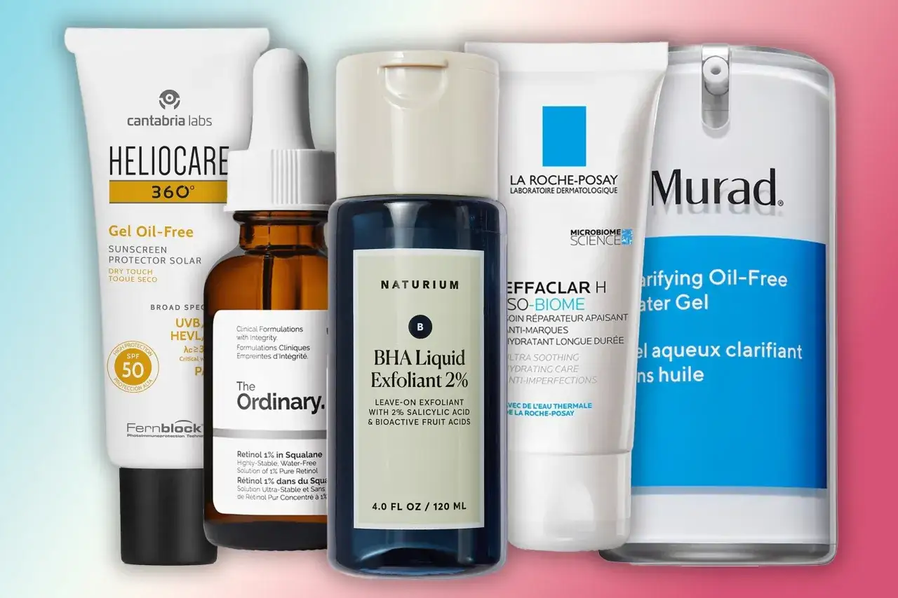 Produkty do pielęgnacji cery trądzikowej: krem z filtrem, serum z retinolem, peeling BHA, krem La Roche-Posay i żel Murad.